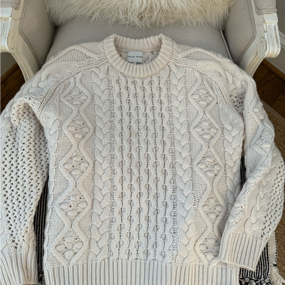 Loulou Studio Ivory Cable Knit Crewneck Sweater